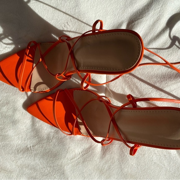 Bright Orange Lace-Up Strappy Women's Heels Pointy Toe - Picture 8 of 9